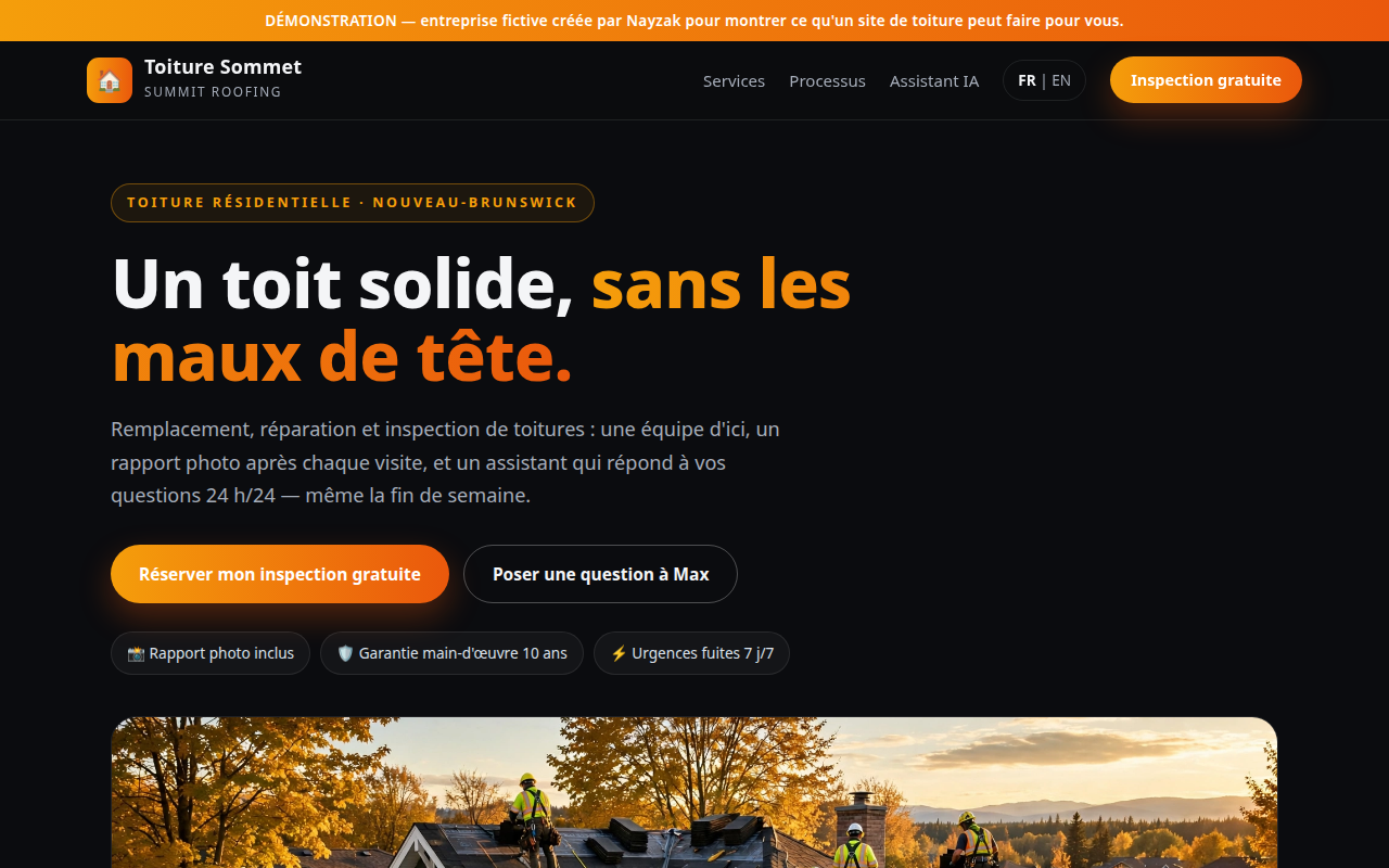 Toiture Sommet — démonstration d'un site de toiture avec assistant IA